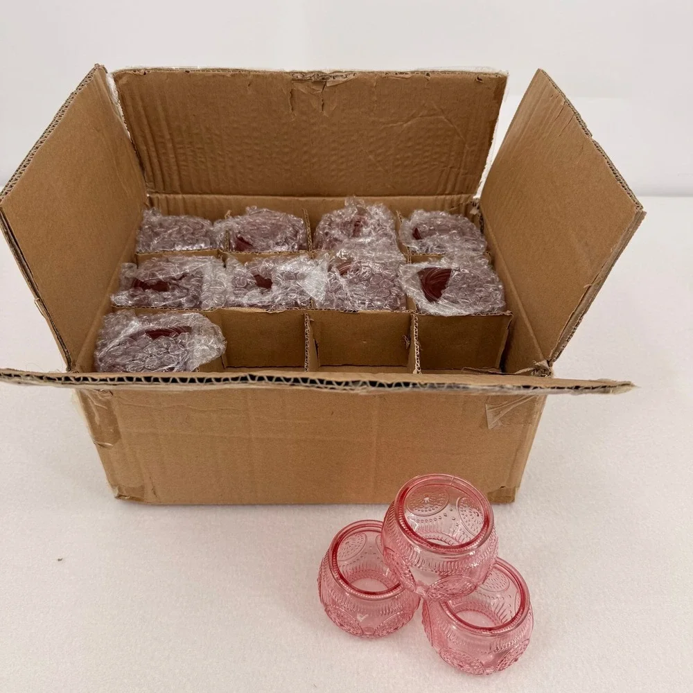 12 Pack Pink Embossed Glass Votive Candle Holders Vintage Hobnail Wedding Decor